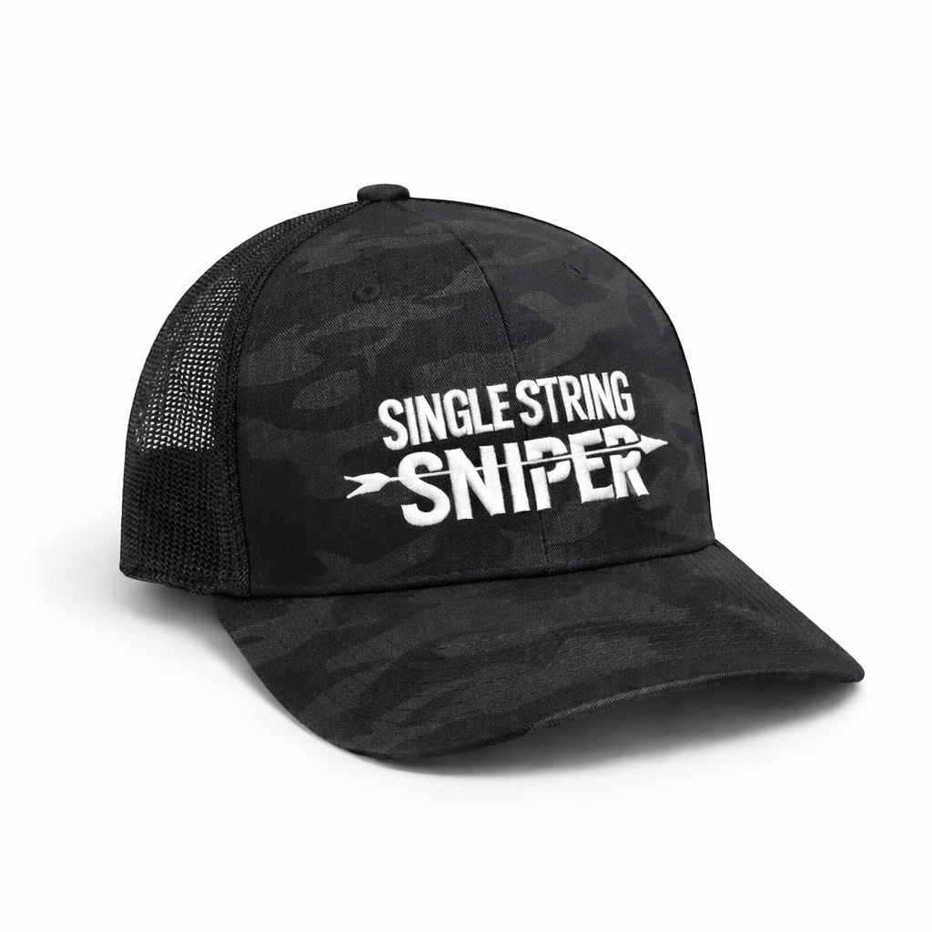 Single String Sniper Trucker Hat – Black Camo