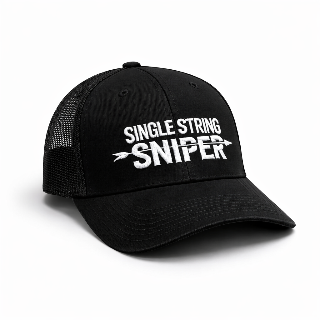Single String Sniper Trucker Hat – Black / Black