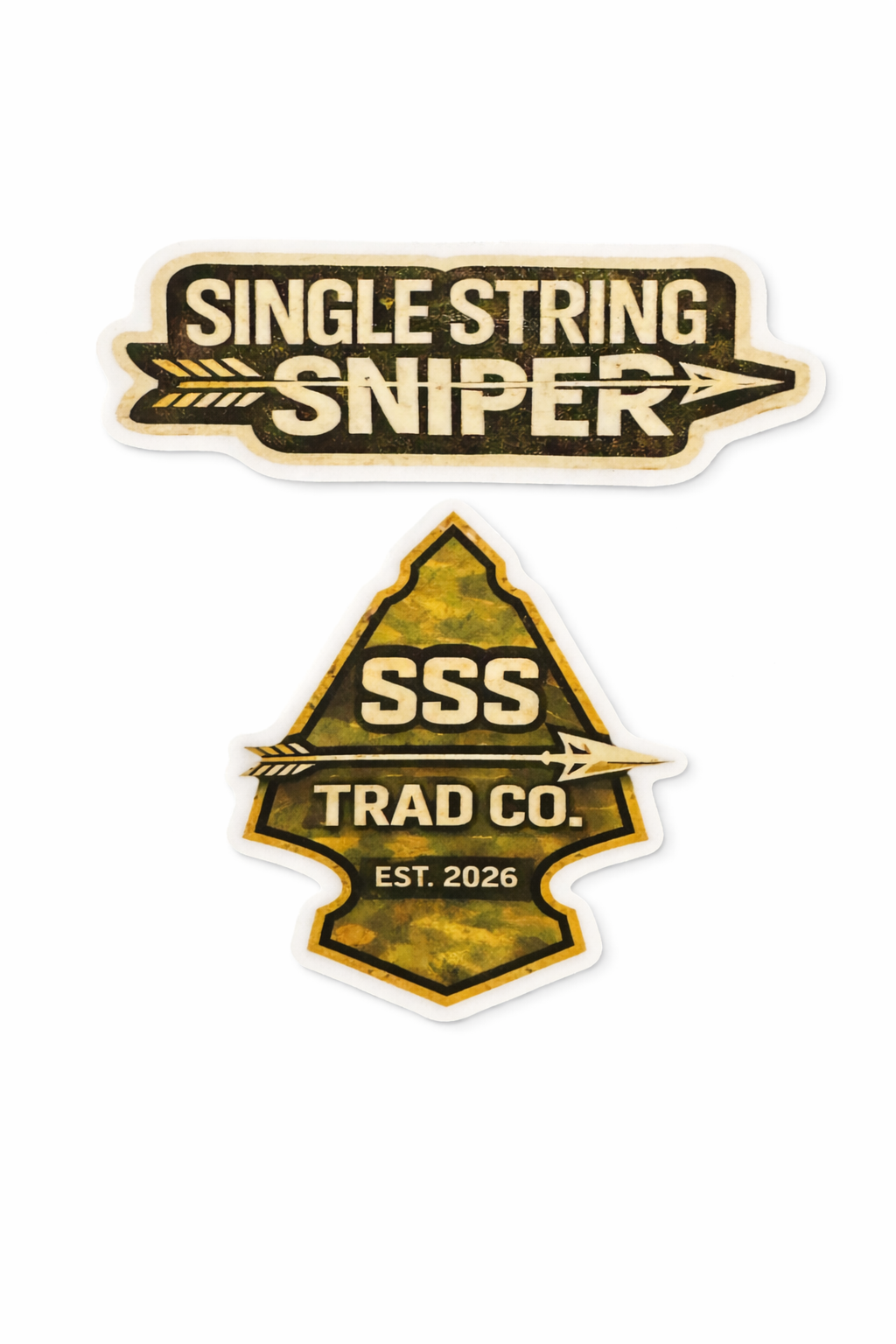 SSS Trad Co. Sticker Pack – 2 Pack (Single String Sniper + Logo)